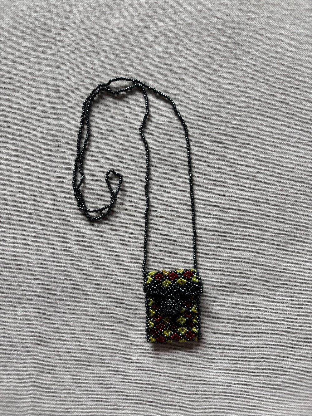 Vintage artisan avant garde boho hippie beaded pouch necklace